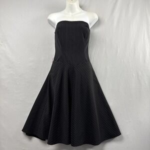 Vintage Y2K Ruby Rox Dress Size 7 Fit Flare Tulle Slip Strapless Black Pinstripe